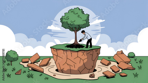 Man plants tree on Earth Day rebuilding nature amidst broken concrete symbolizing renewal and hope