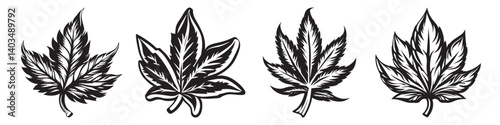Detailed Illustrations of Four Unique Leaf Designs in Black and White, logo design, engraving design, vector illustration
