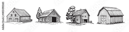 Vintage Farmhouse Sketches Featuring Four Distinct Barn Designs, logo design, engraving design, vector illustration