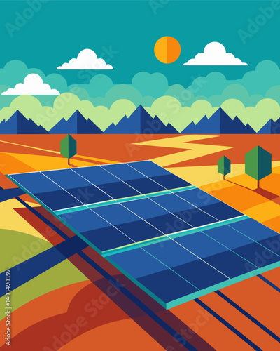 Like a technological quilt the solar panels cover the vast expanse of land below providing clean and renewable energy.. Vector illustration