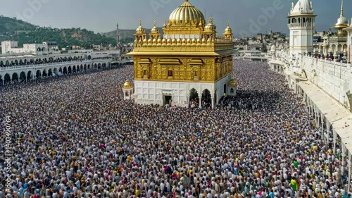 Large gathering of devotees at the Golden Temple during a religious festival in Amritsar