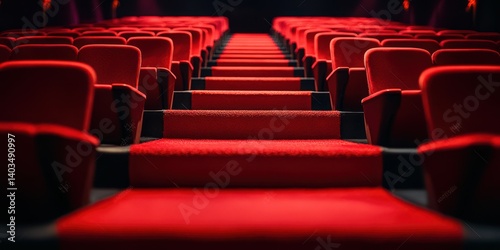 Rows of plush red seats leading to the stage in a dimly lit theater before a performance starts