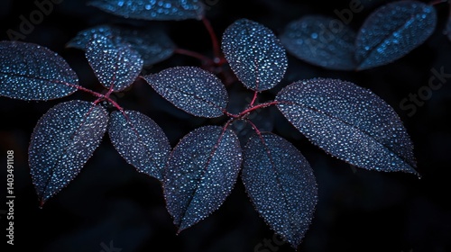 A close-up view of a plant with dark blue leaves and water droplets.