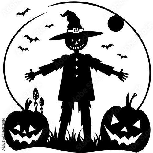 A vector silhouette illustration of a spooky pumpkin patch featuring a scarecrow and a large full moon in the background 