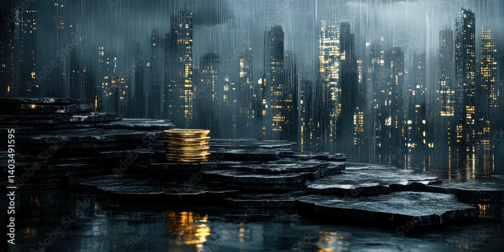 Fototapeta premium Rain falls on a stone platform with gold coins against a shimmering city skyline at night