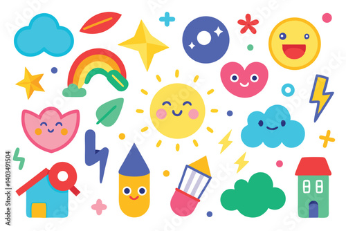 Colorful Flat Design Icons Featuring Sun, Rainbow, Clouds, Heart and House Shapes