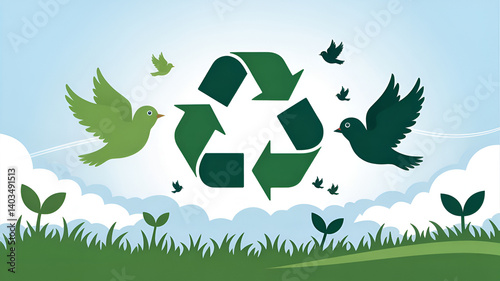 Celebrate Earth Day Green birds fly towards a recycling symbol in a lush green landscape with a soft
