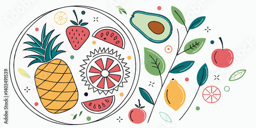 Colorful Doodle Style Tropical Fruit Plate