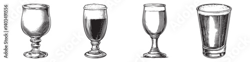 Illustration of Various Vintage Beer Glasses with Unique Designs, logo design, engraving design, vector illustration