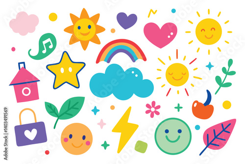 Colorful Flat Design Icons, Cute Rainbow, Hearts, Sun, Lightning, Star on White