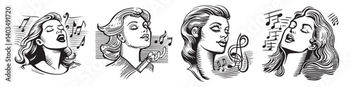 Vintage Illustrations of Women Singing with Musical Notes, logo design, engraving design, vector illustration