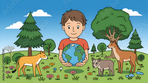 A boy gently holds Earth celebrating Earth Day amidst a vibrant ecosystem of trees flowers