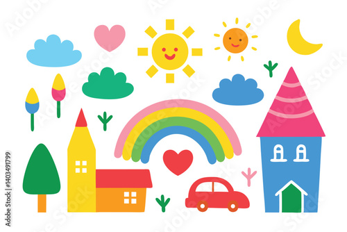 Colorful Playful Cartoon Elements Houses, Rainbow, Sun, Car on Transparent Background
