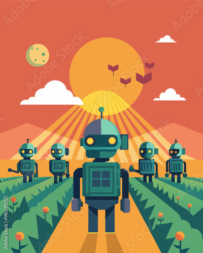 As the sun rises a line of solarpowered robots head out into the fields each one programmed for a specific task working together to bring in a bountiful harvest.. Vector illustration