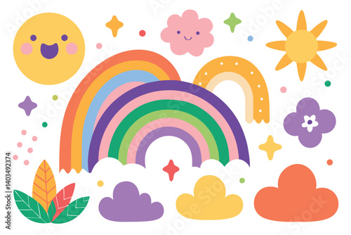 Colorful Rainbows, Clouds, Stars, Sun, Floral, Leaf on Transparent Background