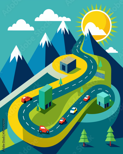 In a mountainous region a series of solarpowered traffic management centers help to regulate the flow of traffic on winding roads and steep inclines ensuring the safety of drivers.. Vector