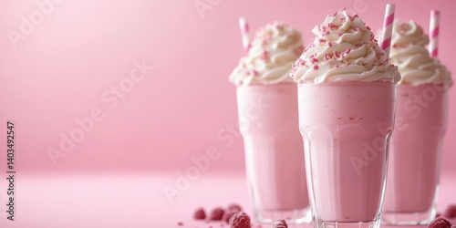 Sweet raspberry milkshakes with whipped cream and pink straws served on a pink backdrop