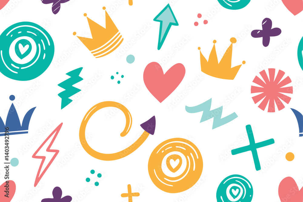 Fototapeta premium Colorful Seamless Pattern with Crowns, Hearts, Circles and Arrows on White Backdrop