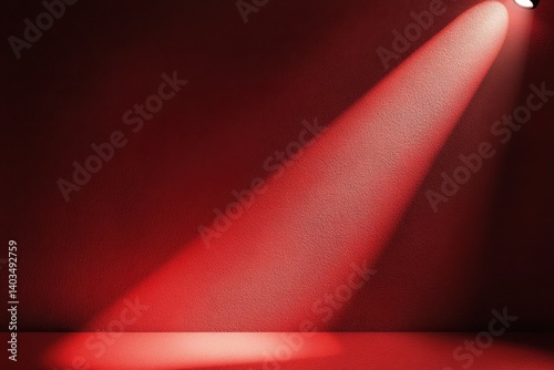 A dramatic red spotlight illuminates a textured empty studio space