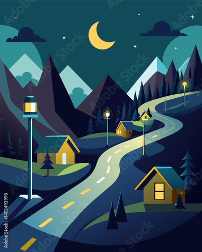 In a remote mountain town the solarpowered roadway lights illuminate the winding roads guiding travelers through the darkness and reducing the towns reliance on traditional energy. Vector illustration