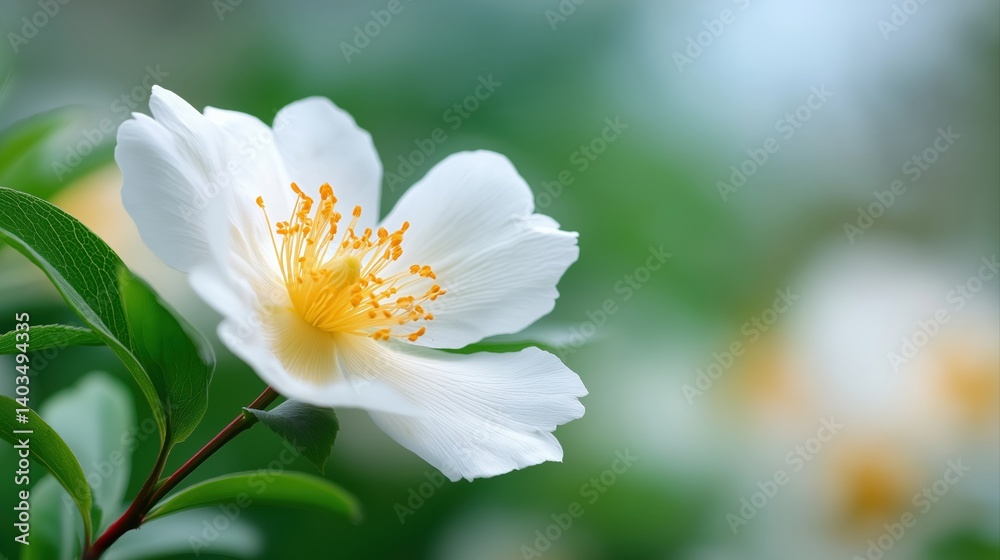 Delicate White Flower with Yellow Center Against Soft Green Background in Nature Setting Delicate White Flower with Yellow Center Against Soft Green Background in Nature Setting