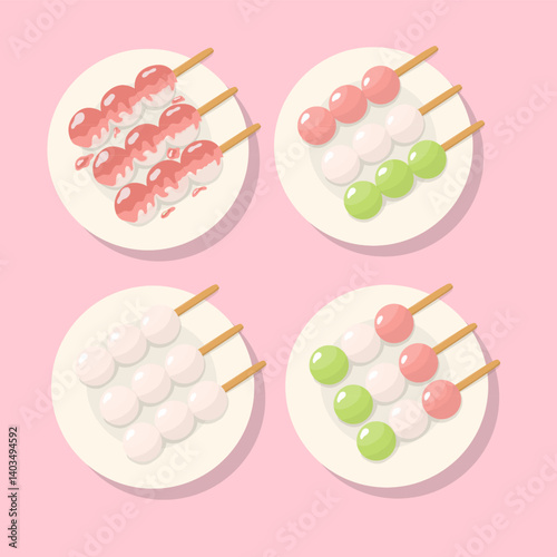 Traditional Japanese dessert Dango. Hanami Dango dessert on a plate. Design element for banner, poster, restaurant menu. Vector illustration set isolated on plate 