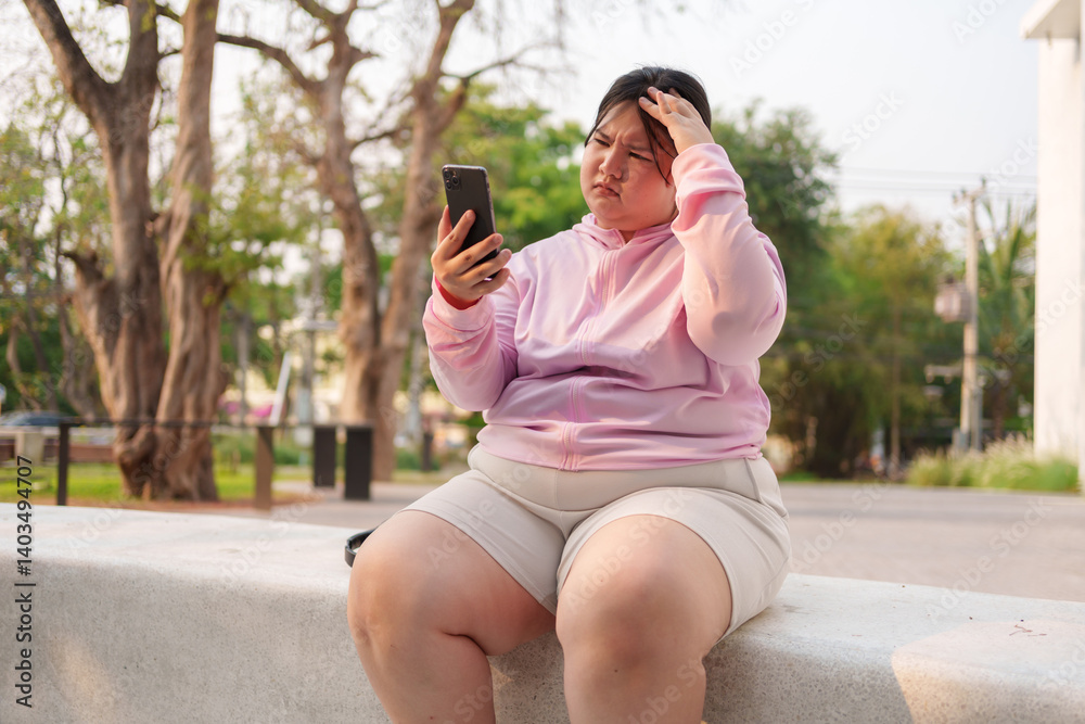 chubby asian woman in pink hoodie sits on bench outdoors, looking at her phone with thoughtful expression chubby asian woman in pink hoodie sits on bench outdoors, looking at her phone with thoughtful expression