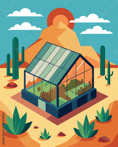 Deep within the desert a specialized solarpowered greenhouse thrives creating its own oasis of greenery in the otherwise barren landscape.. Vector illustration