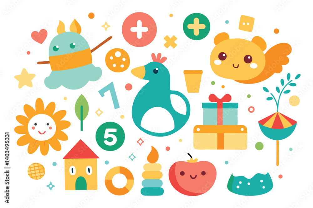 Obraz premium Cute Flat Design with Bird Toy, Numbers, Apple, Present and House on White Background