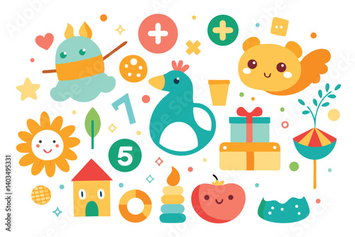 Cute Flat Design with Bird Toy, Numbers, Apple, Present and House on White Background
