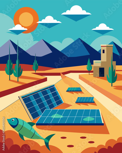 Despite being located in a desert region a thriving aquaculture business flourishes thanks to its reliance on solar energy to power its operations and sustain its fish stocks.. Vector illustration