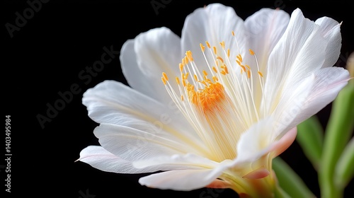 Close-up of Delicate White Flower with Bright Yellow Stamen Against a Black Background