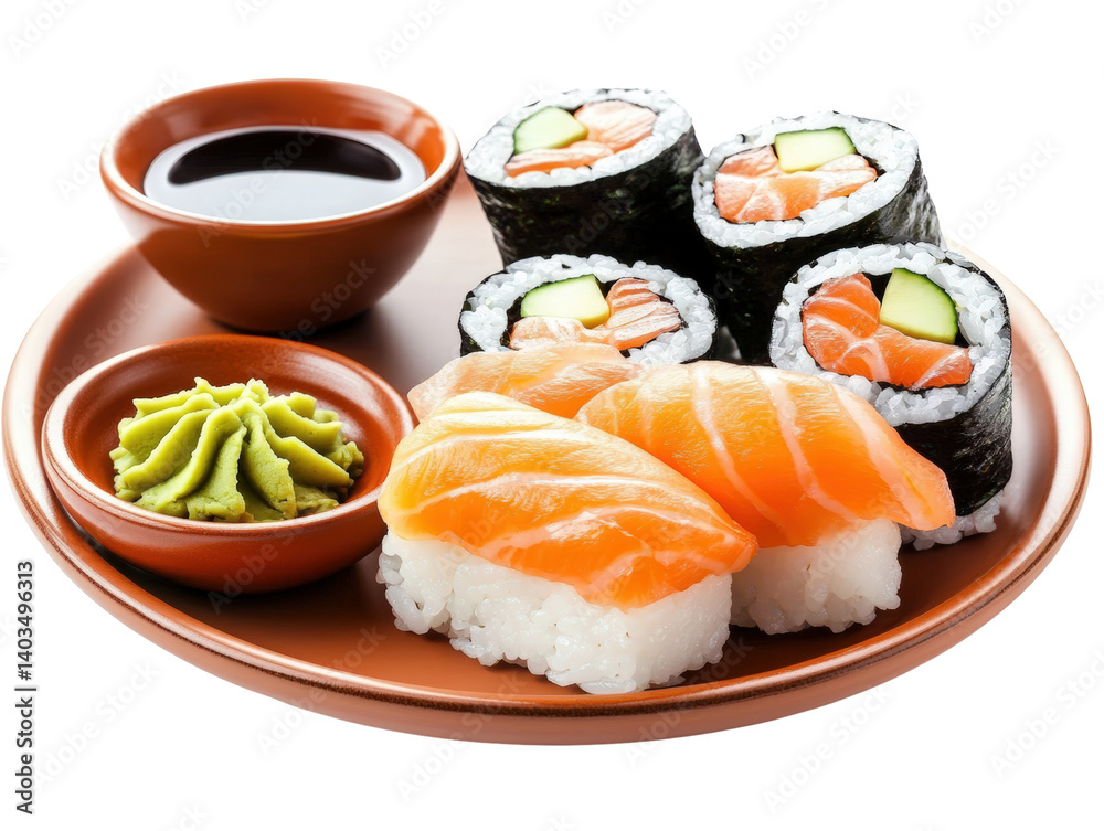 Delicious sushi plate with teaspoon of soy sauce and fresh ingredients ready to enjoy for a culinary experience isolated on a white background. Delicious sushi plate with teaspoon of soy sauce and fresh ingredients ready to enjoy for a culinary experience isolated on a white background.