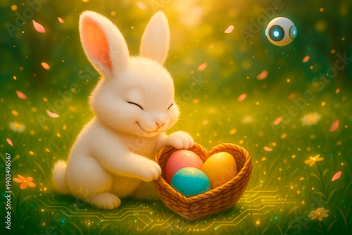 Adorable White Bunny with Easter Egg Basket in a Glowing Spring Meadow with Futuristic Floating Robot and Digital Accents