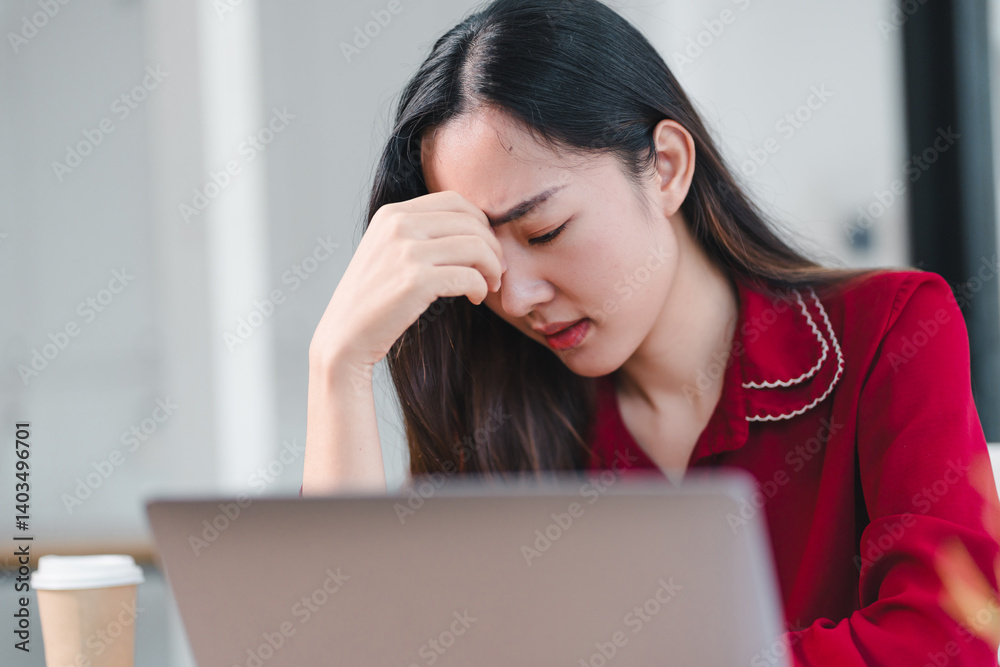 focused Asian businesswoman in red blouse looks stressed while working on her laptop in modern office setting focused Asian businesswoman in red blouse looks stressed while working on her laptop in modern office setting