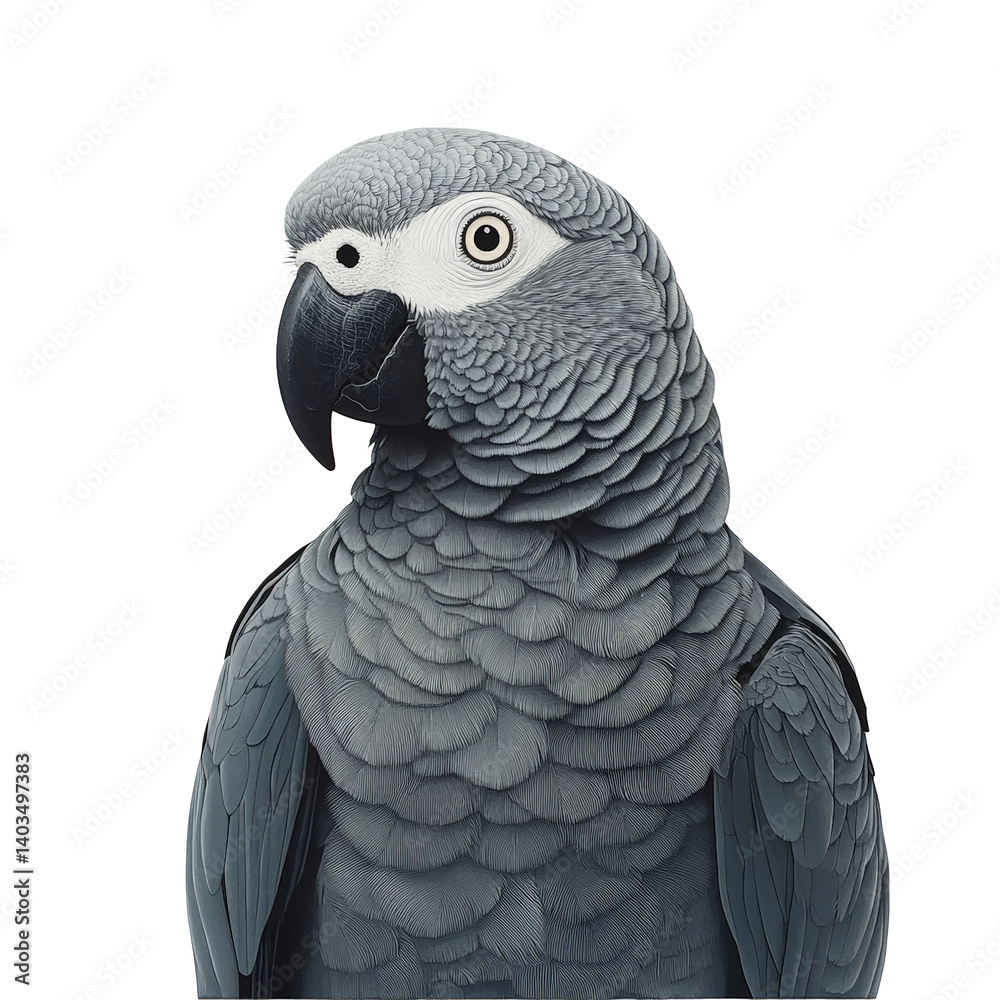 Fototapeta premium Striking Portrait of a Gray Parrot with Detailed Feather Texture on white background