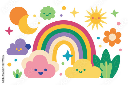 Flat Design Rainbow Cartoon Sky Elements Smiling Sun, Moon, Star, Cloud, Plants