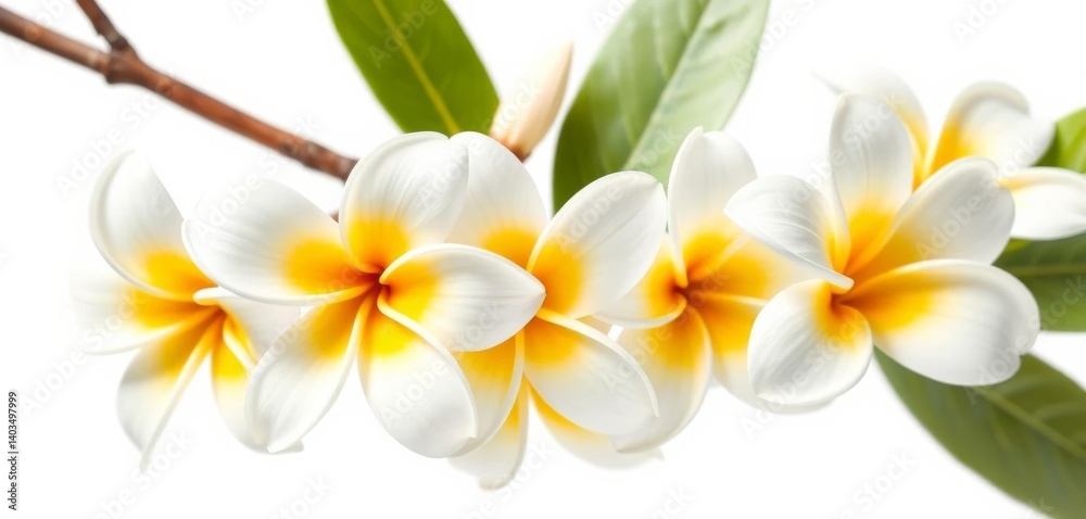 Fototapeta premium Delicate white frangipani blossoms, vibrant yellow centers, isolated on pure white background, spa, flora