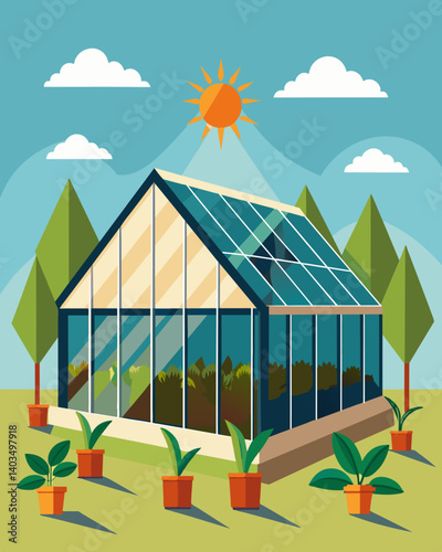 In a modern greenhouse plants are bathed in natural sunlight while solar panels on the roof power the precise irrigation system that keeps them flourishing.. Vector illustration