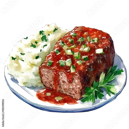 illustration of Meatloaf Slice Beside Mashed Potatoes, watercolor vector, isolated on a white background.
