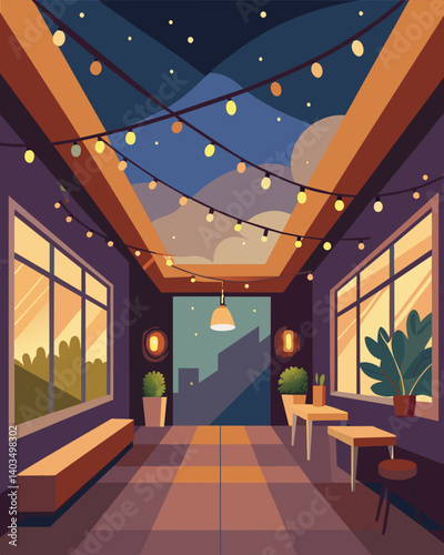 An intimate indoor gallery exuding a cozy and inviting atmosphere lit up by solarpowered fairy lights strung across the ceiling.. Vector illustration