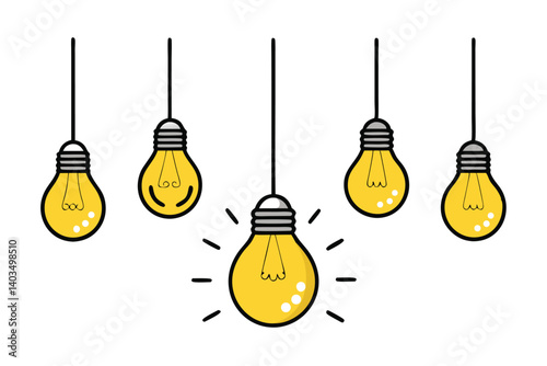 Hanging Yellow Light Bulbs with Lines on White Background Idea Concept Icon