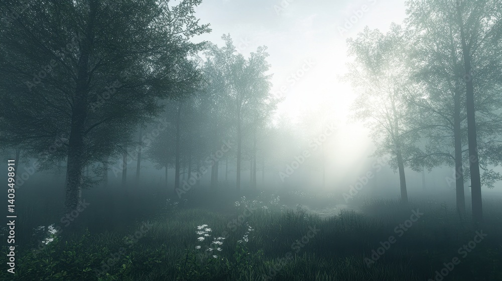 Fototapeta premium A misty forest scene with tall trees and bright sunlight