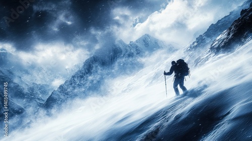 Climber ascends snowy mountain in blizzard