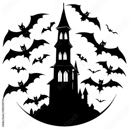 A vector silhouette illustration of several bats circling a tall, gothic tower