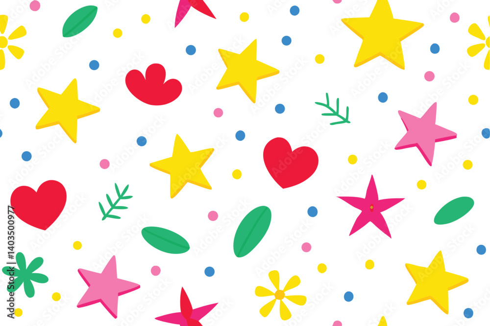Seamless Pattern with Yellow Stars, Red Hearts, Green Leaves on a White Backdrop Seamless Pattern with Yellow Stars, Red Hearts, Green Leaves on a White Backdrop