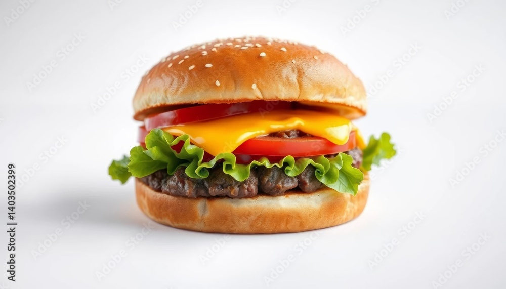 Juicy beef burger with melted cheese, no lettuce, on white background, patty, copy space Juicy beef burger with melted cheese, no lettuce, on white background, patty, copy space