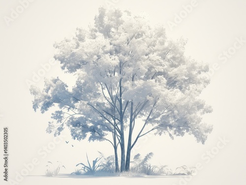 Wallpaper Mural A lush, full tree, light blue-tinged leaves and branches, soft white backdrop Torontodigital.ca