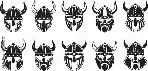 Viking helmet icon set vector illustrations of horned warrior helmets with beards and armor for historical and fantasy themes