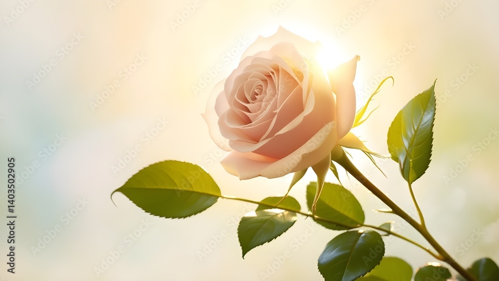 Obraz premium A delicate, velvety rose basks in the warmth of a gentle, golden sunbeam, its petals softly unfurling to reveal a tender, creamy interior, surrounded by lush, vibrant green leaves and slender, curved 